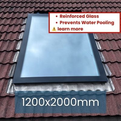 Pitched Roof Window Skylight 1200 x 2000 mm, Frameless Triple Glazed, 107kg, UV 0.9